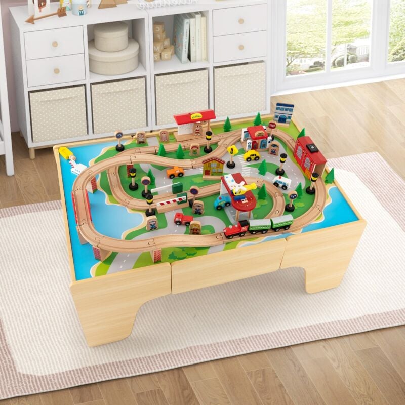 Maisonchic - Ensemble De Jouets De Train Et Table En Bois 84 Pièces Plateau Réversible Et Amovible Tiroir Rails En Bois Massif Figurines CW6257