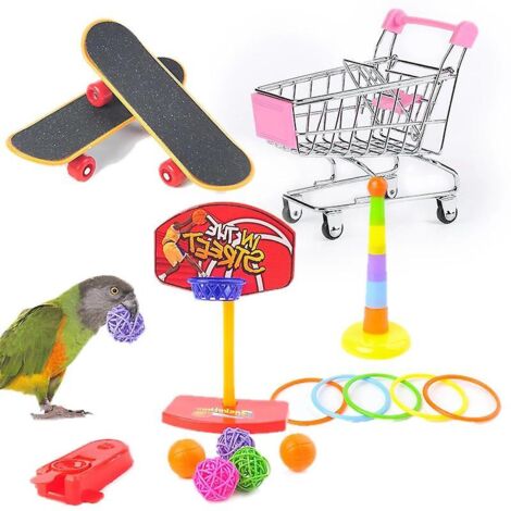 Ensemble de jouets interactifs et éducatifs pour l'entraînement des perroquets, comprenant un skateboard et un mini-chariot - Idéal pour les perruches, les cacatoès et les perroquets africains
