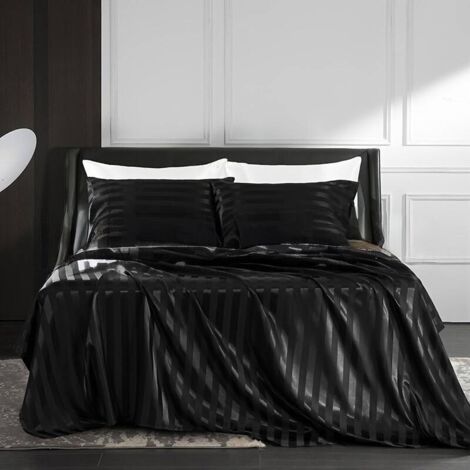 Ensemble de Lit 4 Éléments - Drap Housse Anti-Dérapant 153203cm + Drap Plat + 2 Taies - Style Rayé Moderne - Toutes Saisons