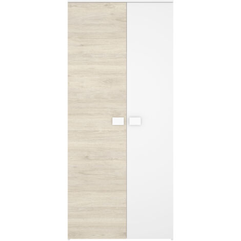 Ensemble de lit adulte + table de nuit + meuble de bureau + armoire blanc, chêne naturel
