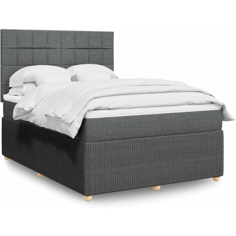 Ensemble de Lit avec Tête de Lit Gris Foncé, Matelas à Ressorts Ensachés 140x190 cm et Surmatelas - Led RGB incluse, Polyester, Pin Massif
