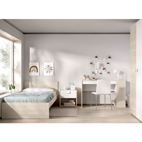 Ensemble de lit enfant + table de nuit + meuble de bureau + armoire coloris blanc, chêne naturel