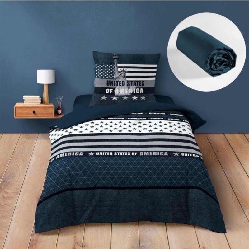Ensemble de Lit States : Housse de Couette 140x200 cm avec Drap-Housse Bleu 90x190 cm - Esprit usa