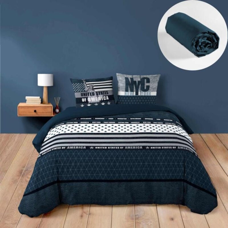 Cdaffaires - Ensemble de Lit States : Housse de Couette 200 x2 00 cm avec Drap-Housse Bleu 140X190 cm - Esprit usa