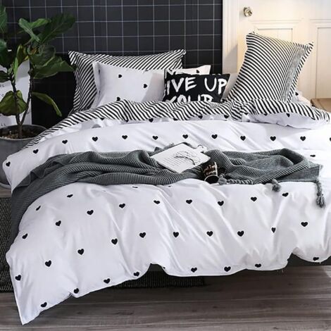 Ensemble de literie trois pièces : 1 housse de couette 200 x 200 cm et 2 taies d’oreiller 65 x 65 cm  tissu en microfibre double face, motif cœurs noirs et blancs  fermeture éclair (Housse de couett