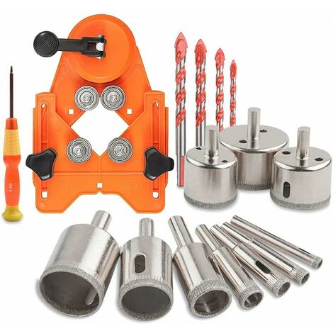 Ensemble de Localisateur de Trou Réglable pour Céramique, 10PCS Foret de Diamant Trou Scie Foret Forage Trou de Carreaux de Verre 6-50mm, 1PC Tournevis, 4PCS HSS Foret pour Céramique (Orange)