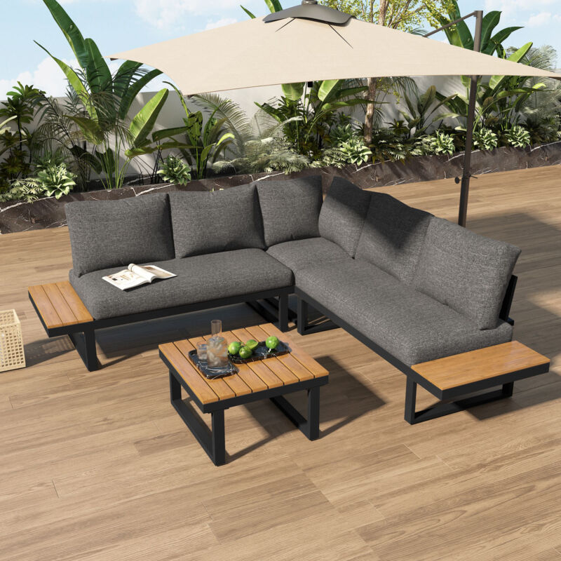 Ensemble de canapé de loisirs de jardin, avec table basse, polyester, gris+noir