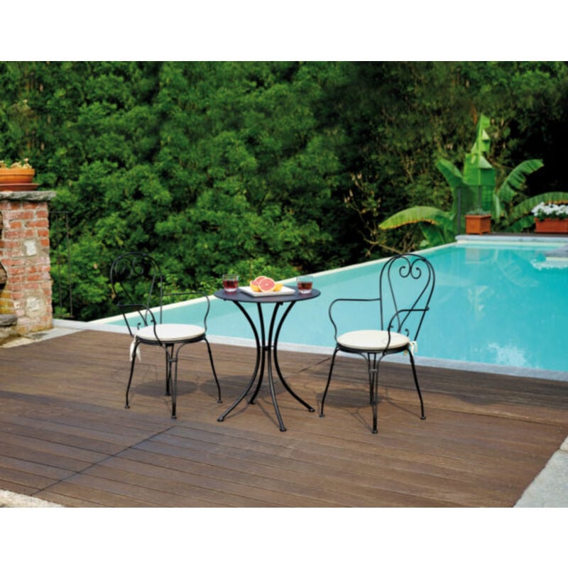 Ensemble de lot de 2 chaises de jardin empilables + Table ronde de jardin en acier galvanisé coloris noir -PEGANE-