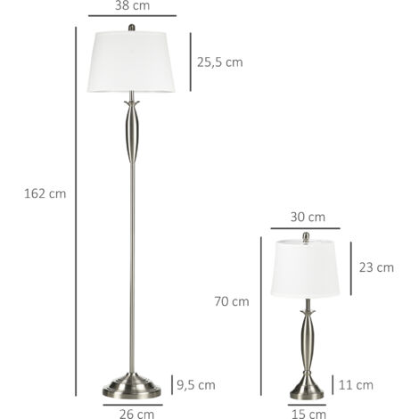 Ensemble de luminaires 3 pièces. 1 lampadaire, 2 lampes de table, aspect lin  38 cm x 38 cm x 158 cm, argent et blanc