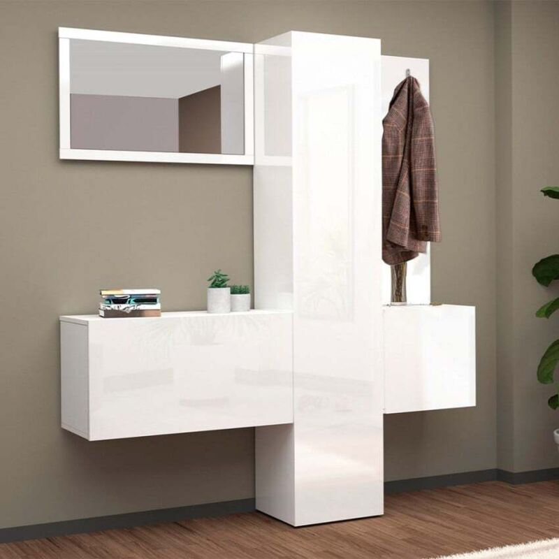 Ensemble de meubles d'entrée avec armoire à chaussures, miroir et porte-manteau – Dimensions 170x32x191 cm – Blanc laqué brillant