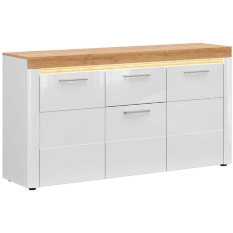 Ensemble de meuble composé de commode à 3 tiroirs et vitrine à portes avec éclairage LED,coloris Blanc/Blanc haute brillance