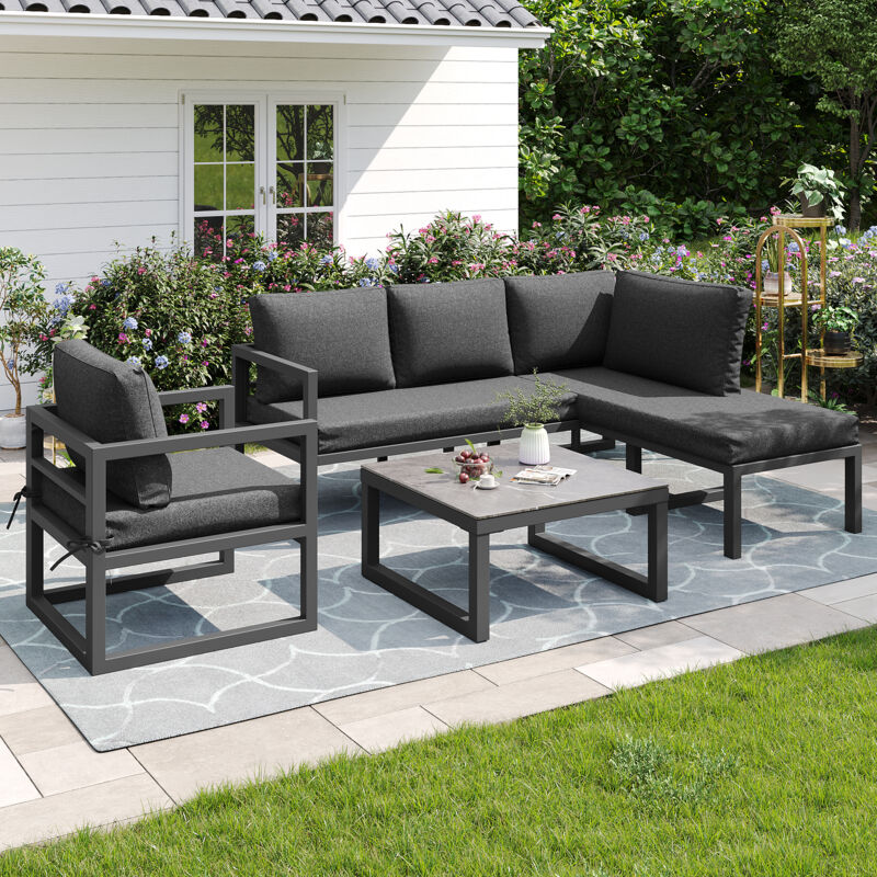 Ensemble de meuble de jardin 5 Places,Salon de jardin,Canapé d’angle avec cadre en fer galvanisé,Combinable librement,Pieds réglables,Gris