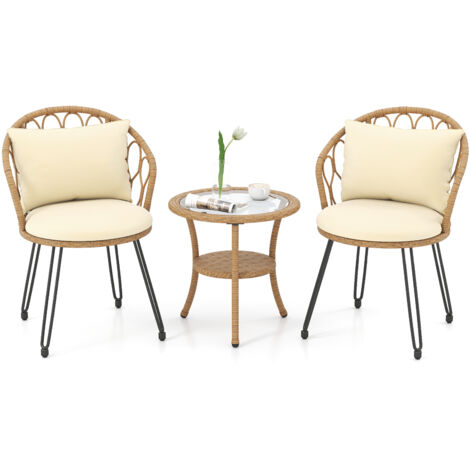 Ensemble de Meuble de Patio en Résine Tressée PE 3 PCS avec Coussins et Table Basse à 2 Niveaux avec Verre Trempé, pour Véranda, Balcon, Terrasse