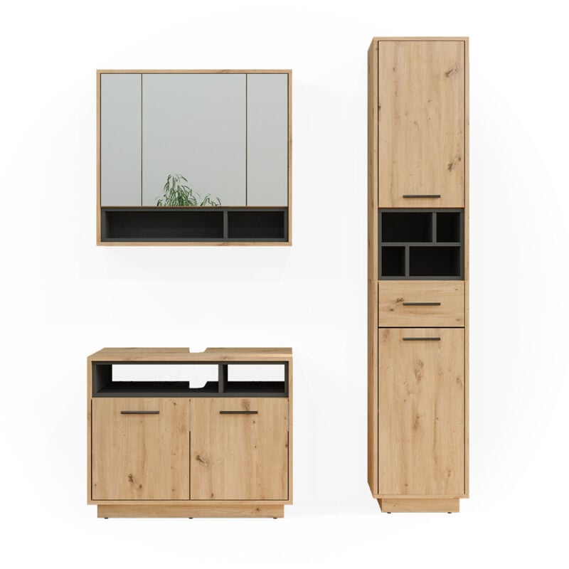 Vicco - Ensemble de meubles de salle de bain Beatrice, Chêne Artisan, 3 pièces, avec armoire haute