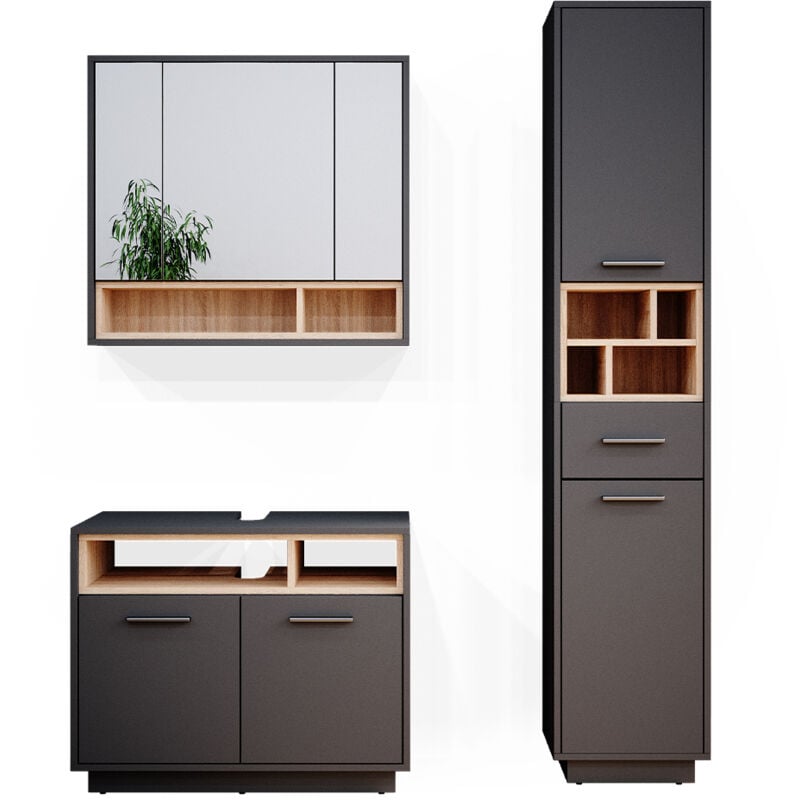 Vicco - Ensemble de meubles de salle de bain Beatrice, Anthracite, 3 pièces, avec armoire haute