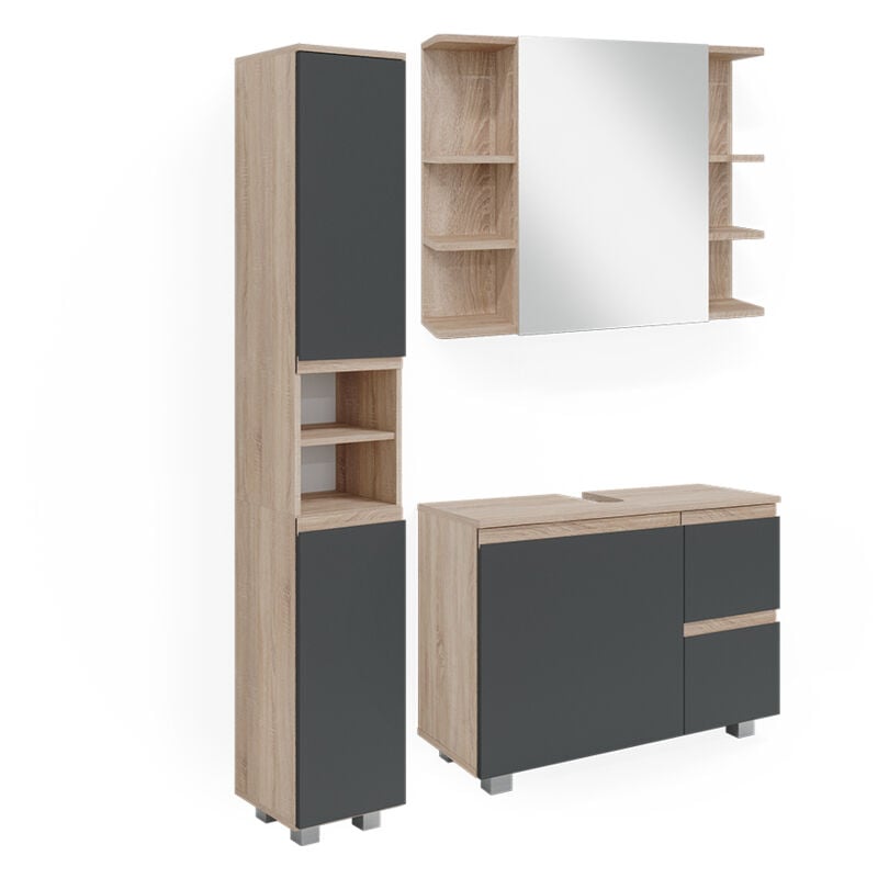 Vicco - Ensemble de meubles de salle de bain J-Shape, Sonoma, 3 pièces, avec armoire haute