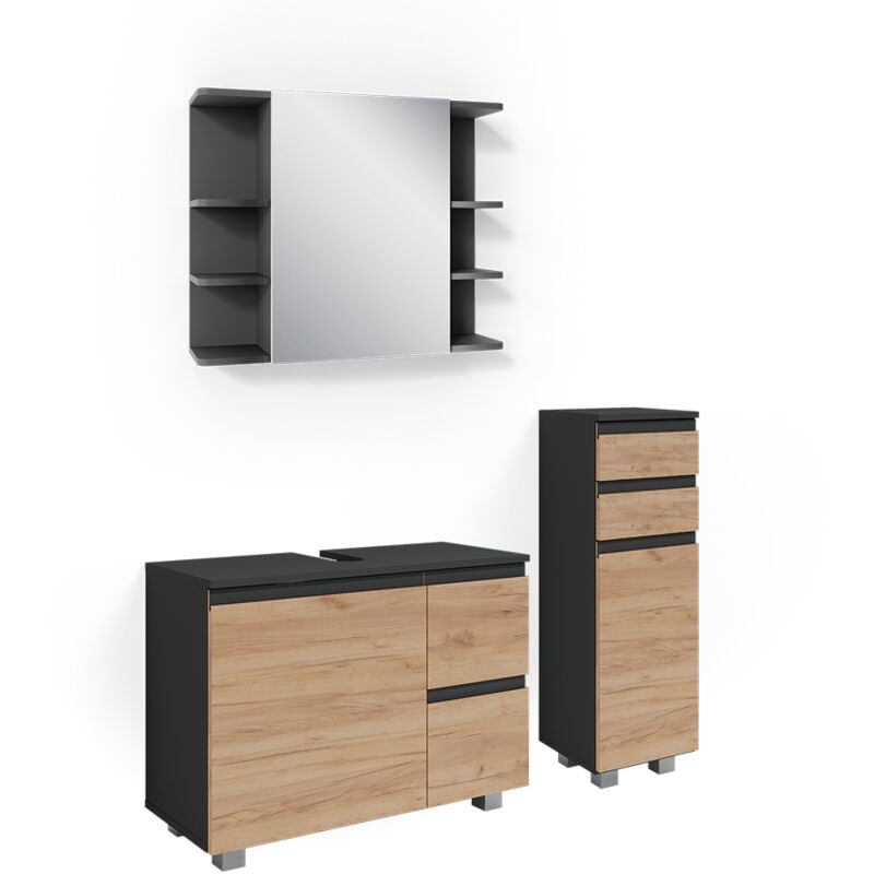 Vicco - Ensemble de meubles de salle de bain J-Shape, Gris, 3 parties