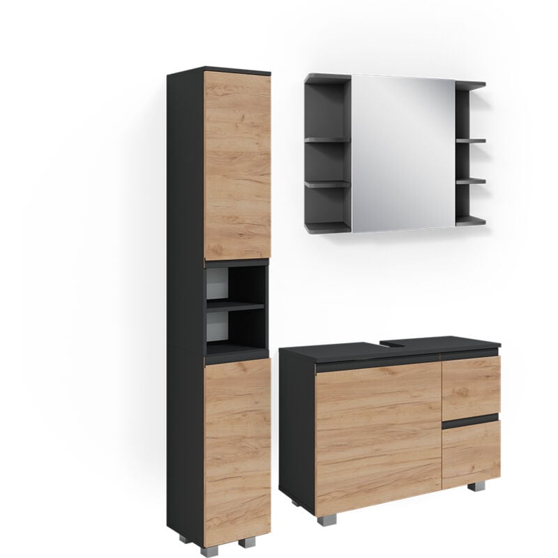 Vicco - Ensemble de meubles de salle de bain J-Shape, Gris, 3 parties