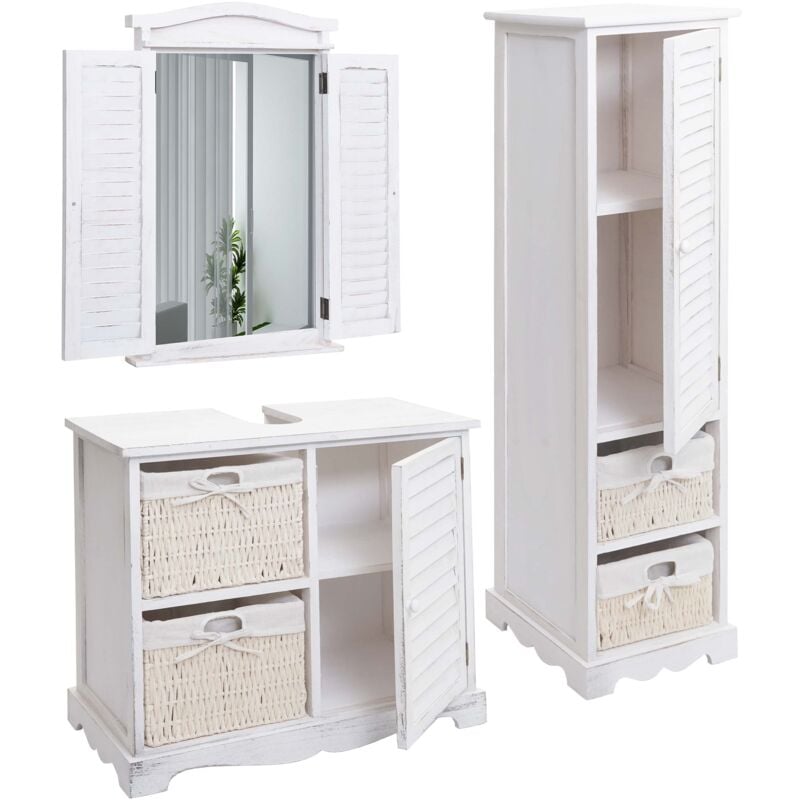 Ensemble de meuble de salle de bain meuble lavabo miroir mural et armoire de rangement en bois blanc vieilli 040006703