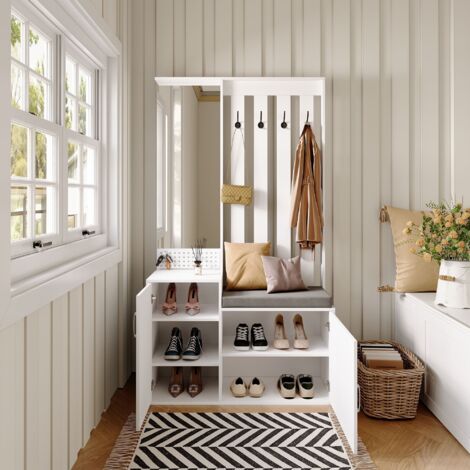 Ensemble de Meuble d'Entrée 180x100x40 cm avec Miroir, 2 Portes, 4 Crochets, Meuble à Chaussures et Banc avec Coussin - Design Moderne, Blanc