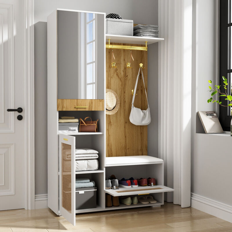 Dans Les Nuages – Ensemble de meubles d'entrée avec miroir – 5 crochets dorés – Rangement à chaussures – Banquette avec éclairage LED 16 couleurs –