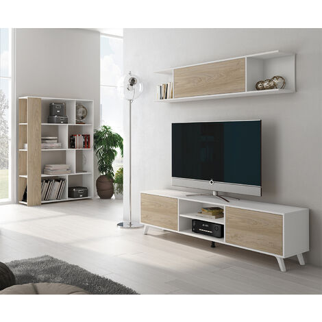 Ensemble meuble TV et étagère murale Dazzler Bois et Blanc