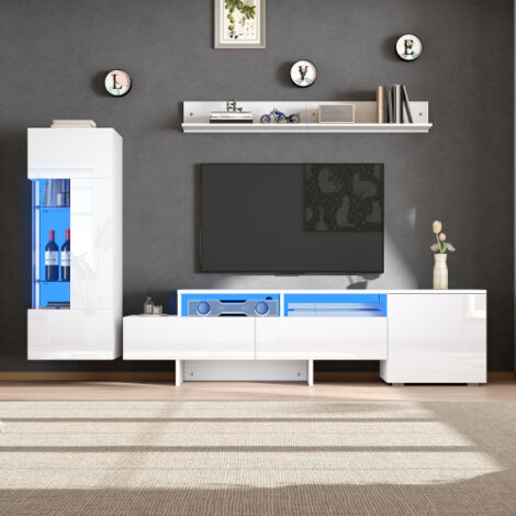 Ensemble de meuble TV mural 3 pièces, ensemble de meubles de salon haute brillance avec éclairage LED, meuble TV moderne (sur pied et mural), portes d'armoire en acrylique, cloison en verre, blanc, co