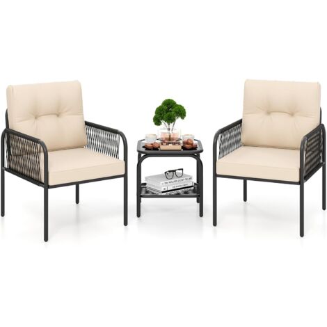 Ensemble de Meubles 3 Pièces de Patio en Rotin PE, Salon de Jardin 2 Fauteuils Table Basse en Verre Trempé avec Coussins de Dossier
