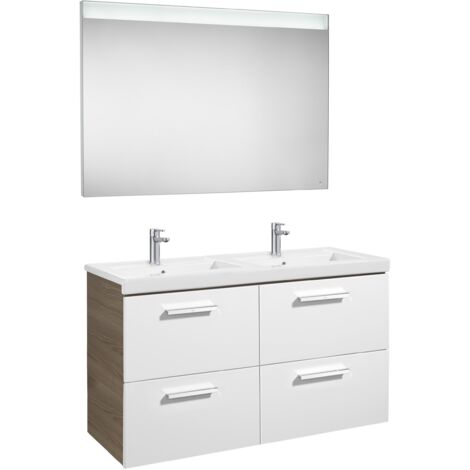 Ensemble de meubles (4 tiroirs), double lavabo et miroir LED PRISMA - ROCA Couleur : Blanc - Fresno