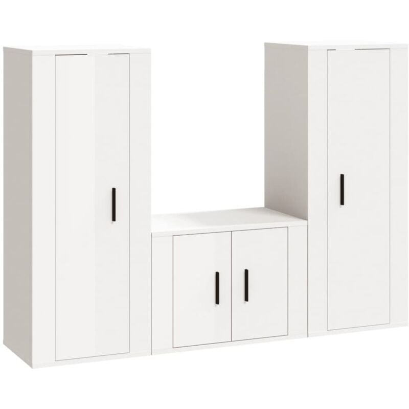 Ensemble de meubles armoire buffet TV télévision salon chambre séjour 3 pièces brillant bois d'ingénierie blanc
