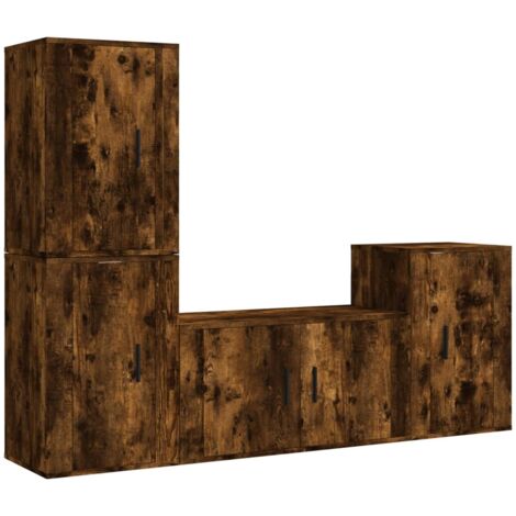 Ensemble de meubles armoire buffet TV télévision salon chambre séjour 4 pièces chêne fumé bois d'ingénierie brun
