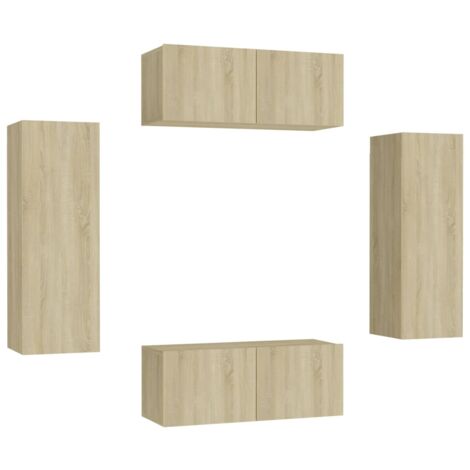 Ensemble de meubles armoire buffet TV télévision salon chambre séjour 4 pièces chêne sonoma bois d'ingénierie brun