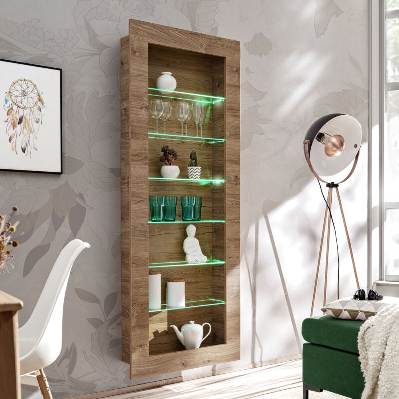 Armoire suspendue Como, Chêne - Miel truffé, éclairage led, pour salon, chambre à coucher