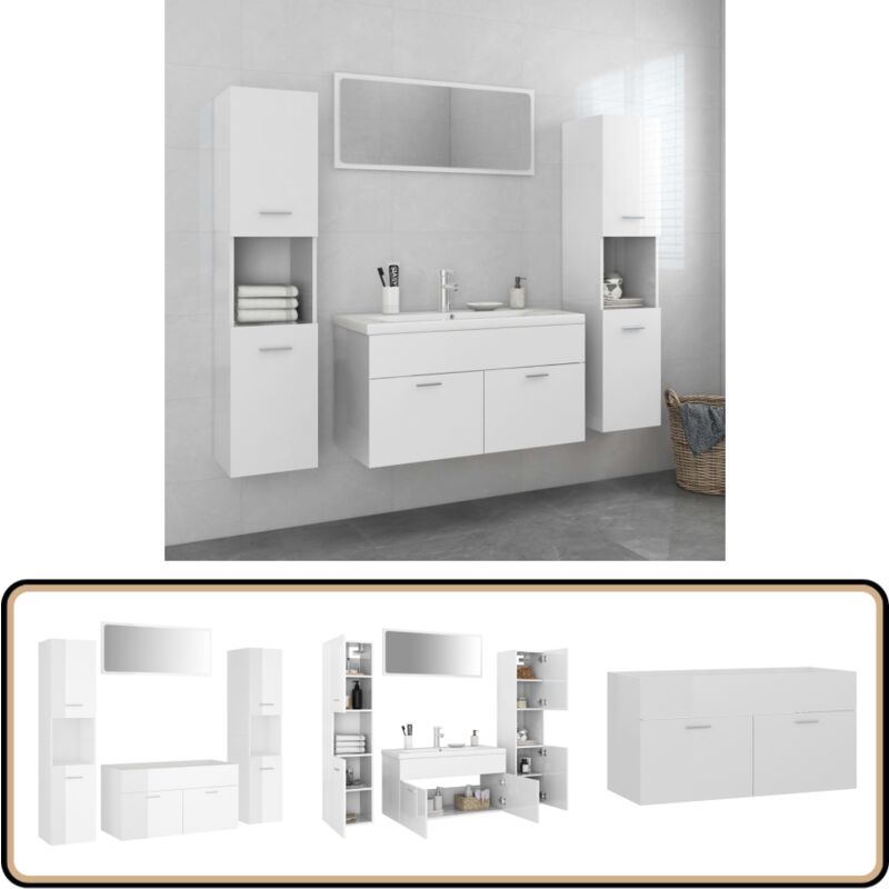 Ensemble de meubles de bain Blanc brillant Bois d'ingénierie - Meuble De Salle De Bain - Ensemble Salle De Bain - Vanity Blanc - Ameublement Salle De