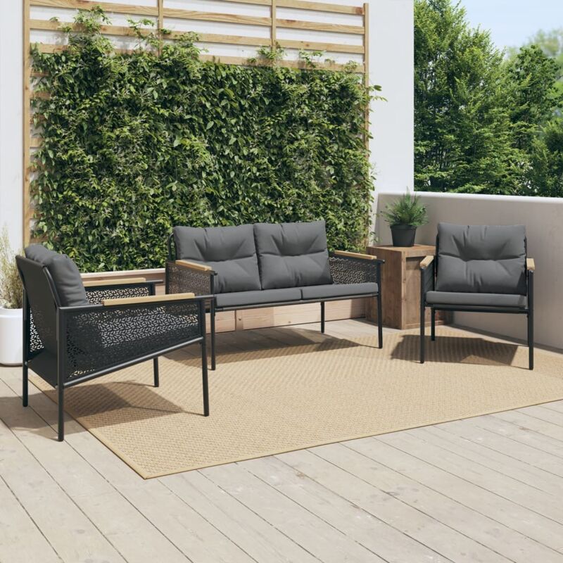 Ensemble de meubles de balcon avec coussins 3 pcs noir acier - Vidaxl