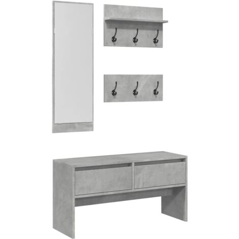 Ensemble de meubles de couloir 4 pièces miroir pote manteaux et banc en bois ingénierie couleur gris béton DEC024968