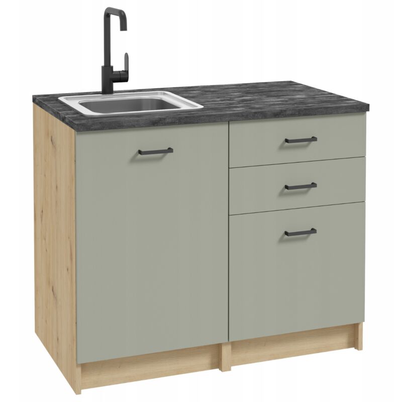 Ensemble de meubles de cuisine 100 x 60 cm – Chêne artisan et vert eucalyptus – Construction adaptée pour évier ou plaque de cuisson