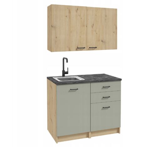 Ensemble de meubles de cuisine 100x60 cm – Chêne artisan/vert – Plan de travail béton noir – 2 armoires et 2 tiroirs – Design moderne