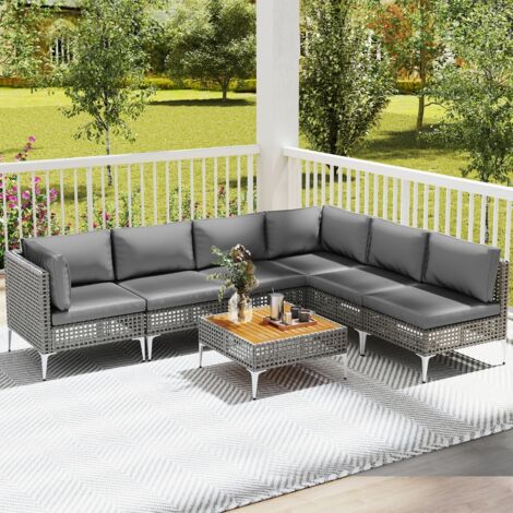 Ensemble de Meubles de Jardin 7 Pièces Canapé Sectionnel en Osier avec Coussins et Table Basse en Bois d'Acacia Gris