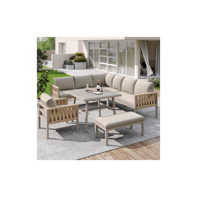 Lot de 5 salon de jardin beige, y compris tous les coussins d'assise et de dossier (Canapé long x 2, canapé simple x 1, banquette canapé x 1, table x