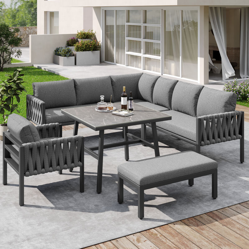 Lot de 5 salon de jardin gris, y compris tous les coussins d'assise et de dossier (Canapé long x 2, canapé simple x 1, banquette canapé x 1, table x