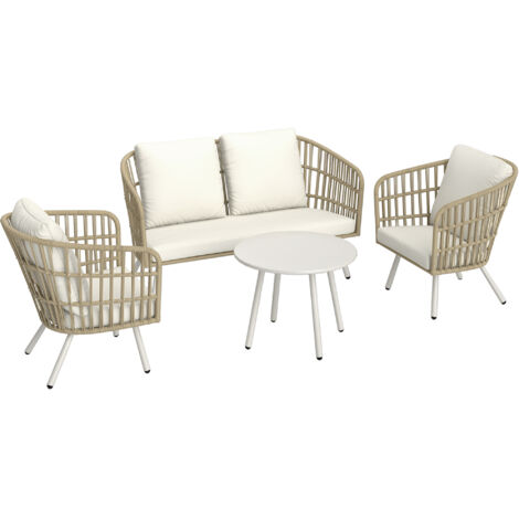 Ensemble de meubles de jardin en rotin poly, ensemble salon avec canapé 2 places, fauteuil, table, coussin, étanche pour 4 personnes, kaki