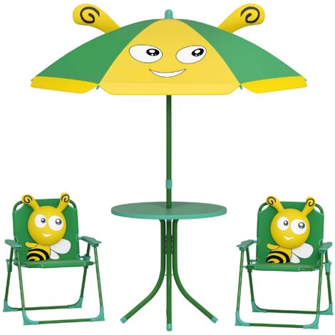 Ensemble de meubles de jardin pour enfants, chaises, table, parasol, design d’abeilles, vert+jaune