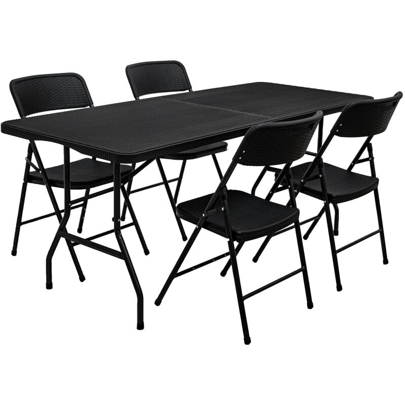 Amanka - Ensemble de meubles de jardin Table de 180cm 4 chaises Pliable Aspect Rotin Noir - schwarz