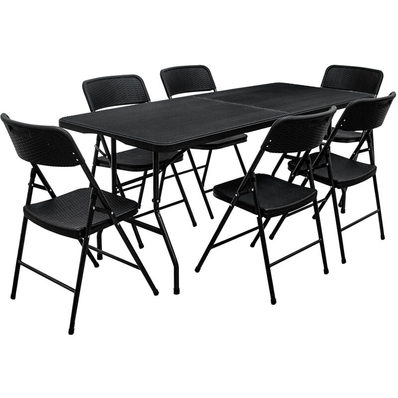 Amanka - Ensemble de meubles de jardin Table de 180cm 6 chaises Pliable Aspect Rotin Noir - schwarz