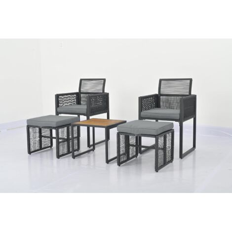 Ensemble de Meubles de Patio 5 Pièces, Salon de Jardin en Osier PE avec 2 Chaises 2 Poufs et 1 Table Basse en Bois d'Acacia Coussins Doux