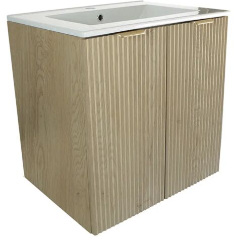 Ensemble de meubles de salle de bain 100 cm (meuble avec 2 tiroirs 60 cm + meuble avec panier à linge 40 cm) avec plan de travail 100 cm, façade rainurée, chêne Crémone, 100 × 47 × 60 cm