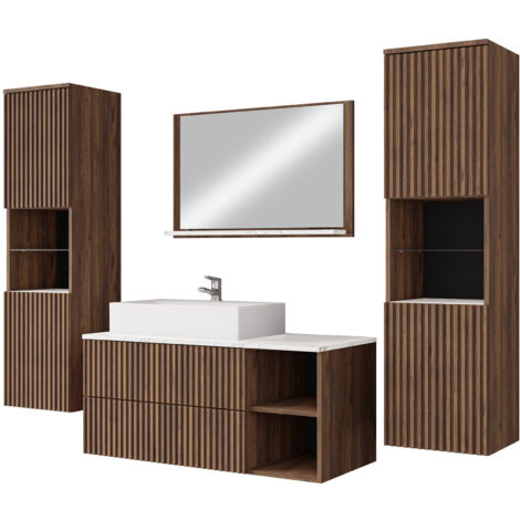 Ensemble de meubles de salle de bain 105 – Noyer – Armoire suspendue 1330 x 350 x 340 mm – Miroir 500 x 800 mm – Système push to open