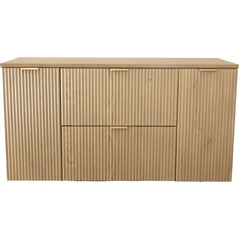 Ensemble de meubles de salle de bain 120 cm (meuble avec 2 tiroirs 60 cm + 2 x meubles avec portes 30 cm) avec plateau 120 cm, façade cannelée, chêne Crémone, 120 × 47 × 60 cm