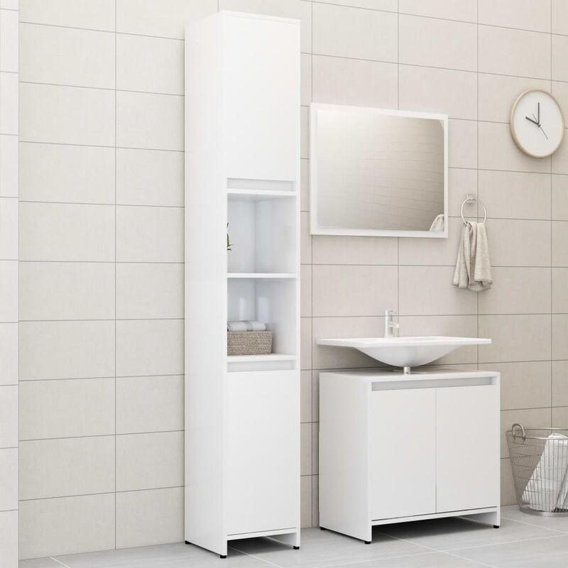 Ensemble de salle de bain équipé de meubles élevés sous l'évier et miroir diverses couleurs disponibles Couleur : Blanc brillant